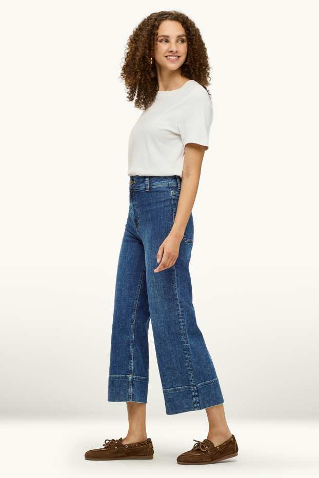 Femei - Crop wide leg jeans - talie înaltă - denim-albastru