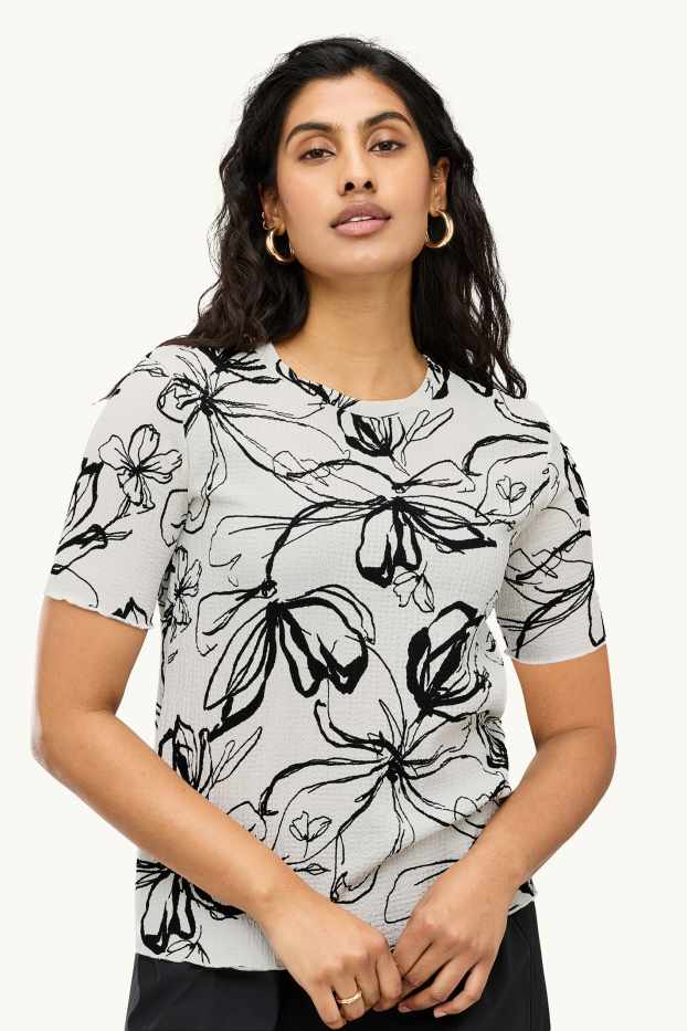 Femmes - T-shirt - regular fit - à fleurs - blanc / noir