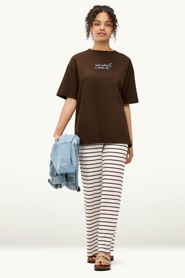 Dona - Pantalons de tela - mid waist - wide leg - de ratlles - marró / blanc trencat