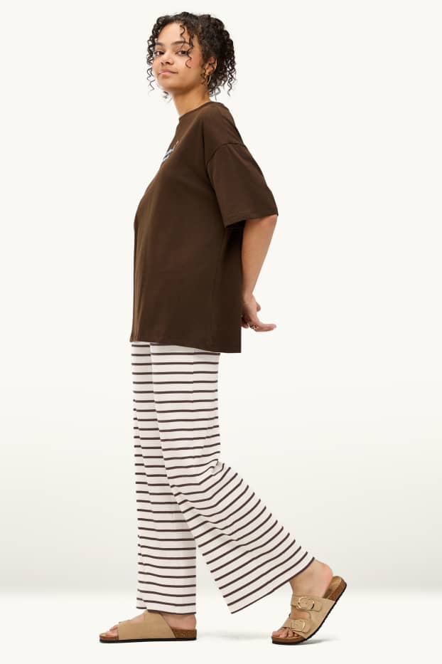 Dona - Pantalons de tela - mid waist - wide leg - de ratlles - marró / blanc trencat