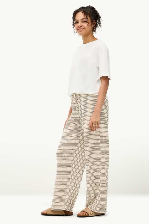 Damen - Strickhose - Mid Waist - Wide Leg - gestreift - hellbraun