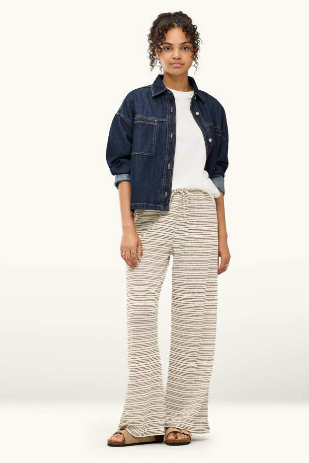 Damen - Strickhose - Mid Waist - Wide Leg - gestreift - hellbraun