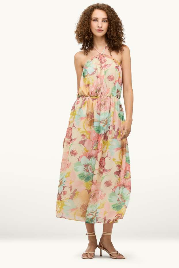 Femei - Rochie din șifon - straight fit - cu flori - verde / roz