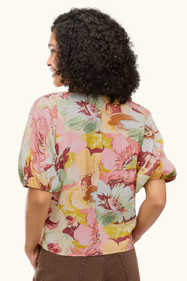 Femmes - Chemisier à col V - à fleurs - rose