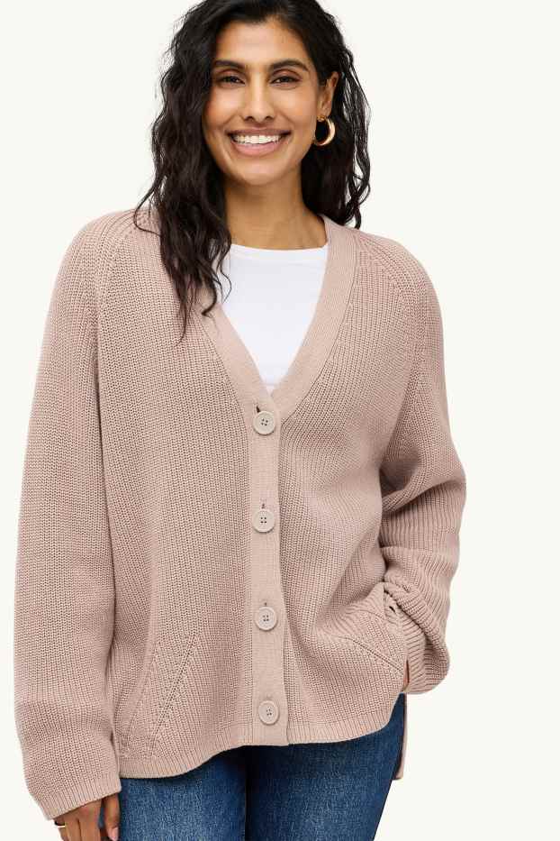 Women - Cardigan - ribbed - light brown