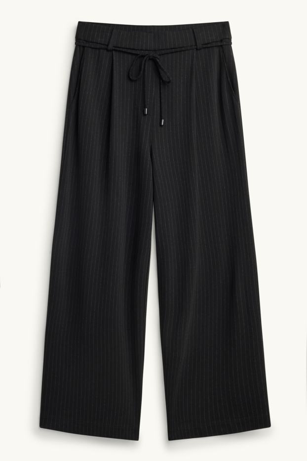 Femei - Pantaloni de stofă crop - talie înaltă - wide leg - dungi fine - negru
