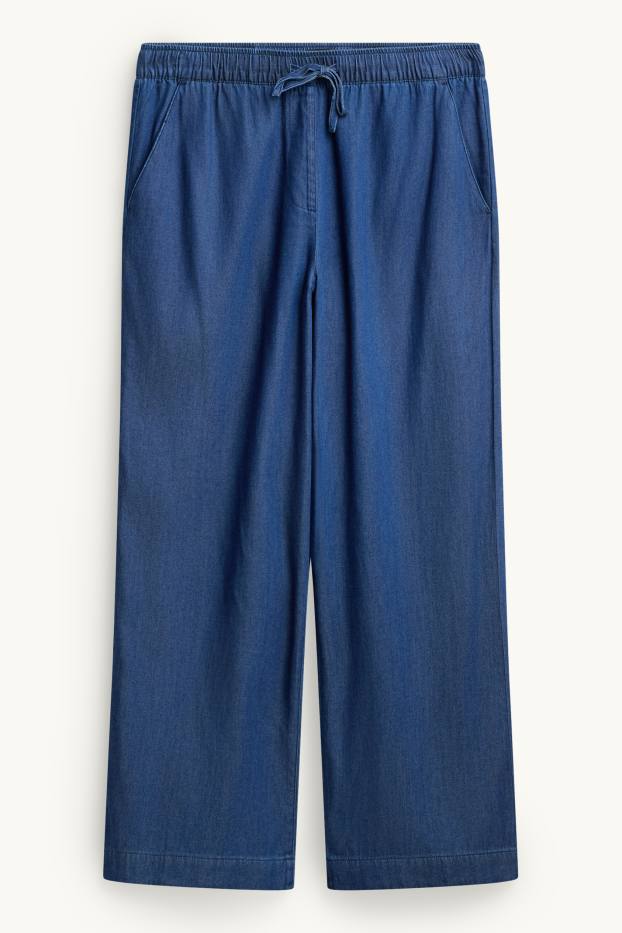 Donna - Pantaloni di stoffa - vita alta - gamba ampia - effetto jeans - jeans blu
