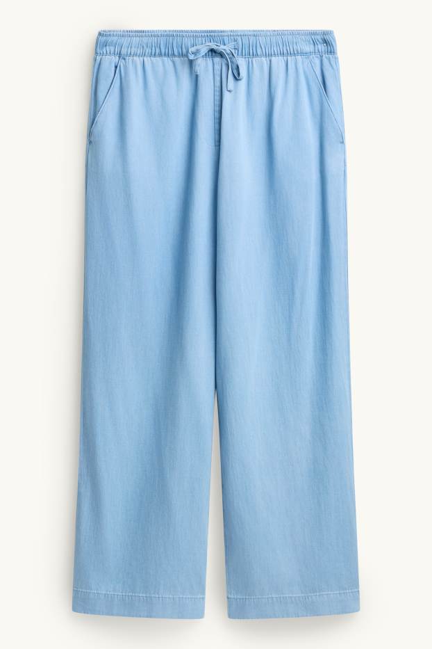 Dames - Pantalon - high waist - wide leg - denim look - lichtblauw