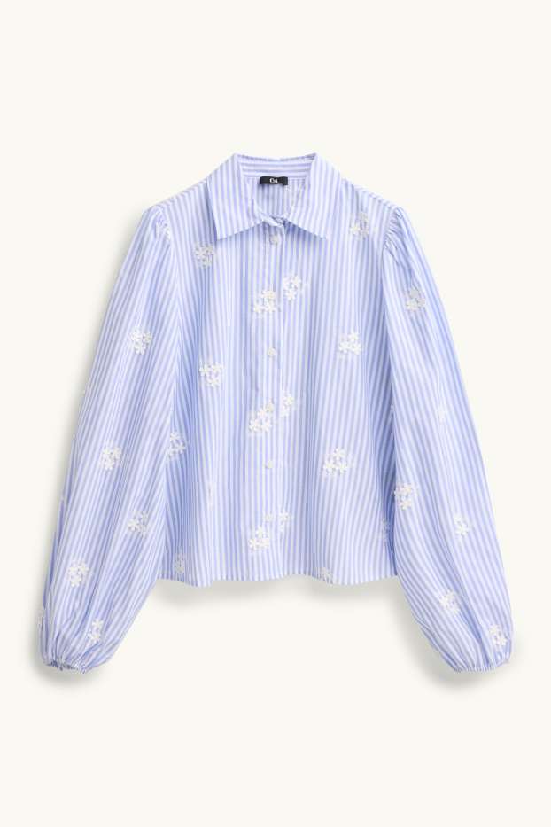 Dames - Overhemdblouse - met borduursels - gestreept - gebloemd - blauw / wit