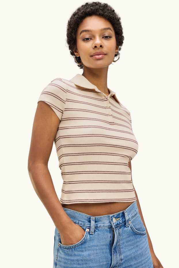 Femmes - Polo en maille - slim fit - finition côtelée - à rayures - beige / bordeaux