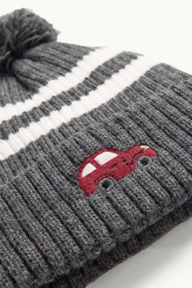 Baby Jungen - Auto - Baby-Bommelmütze - gerippt - dunkelgrau / weiss