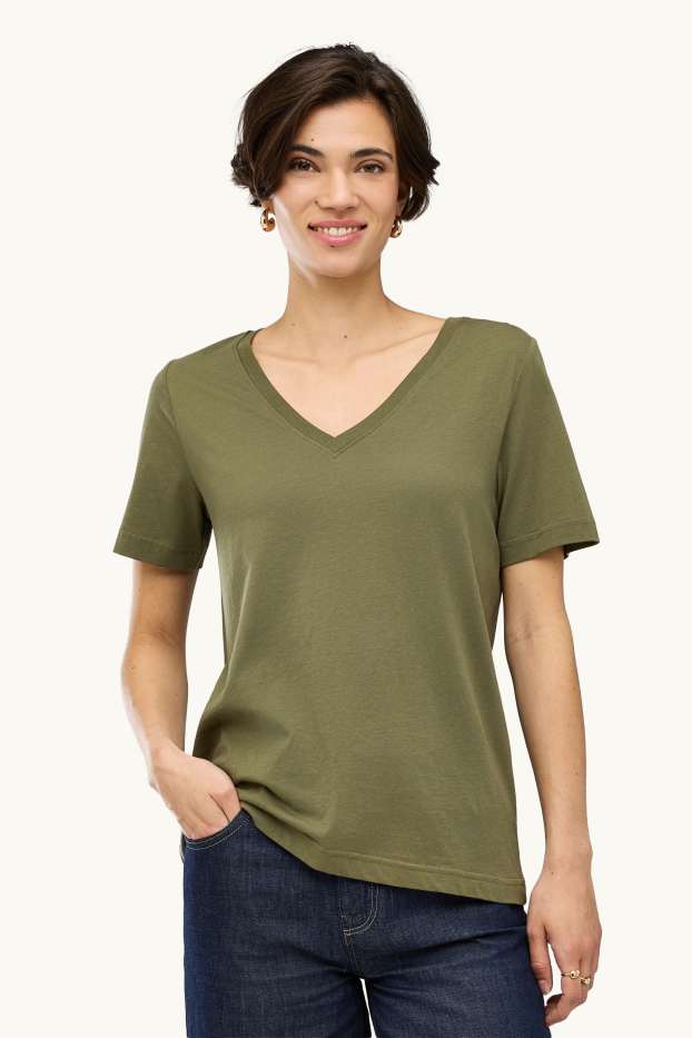 Femmes - T-shirt à col V - regular fit - kaki