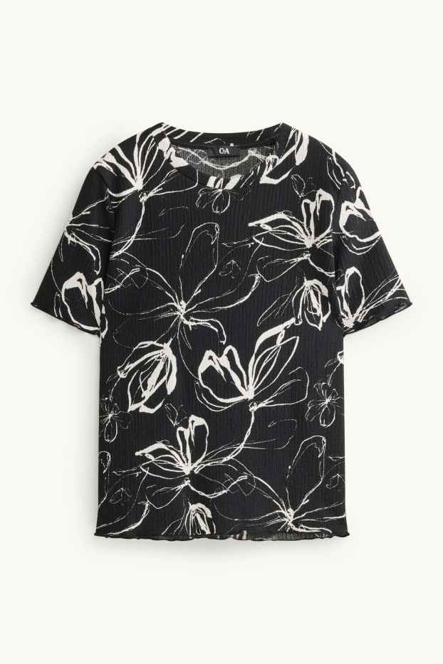 Dames - T-shirt - regular fit - gebloemd - zwart / wit