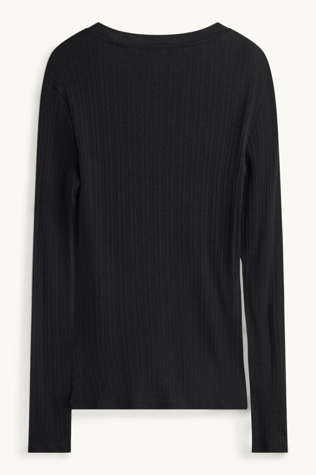 Damen - Henley-Shirt - Slim Fit - gerippt - schwarz