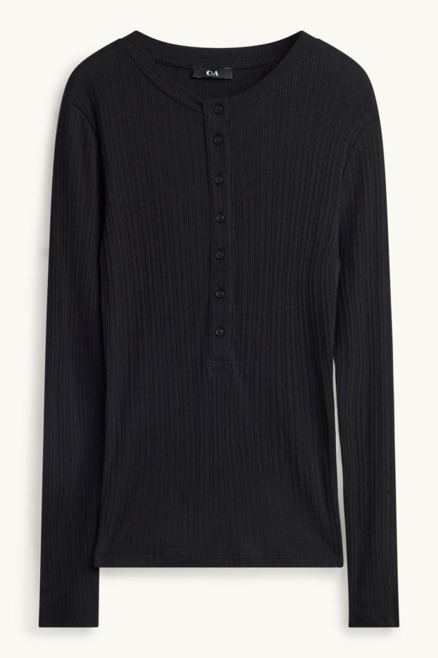 Damen - Henley-Shirt - Slim Fit - gerippt - schwarz