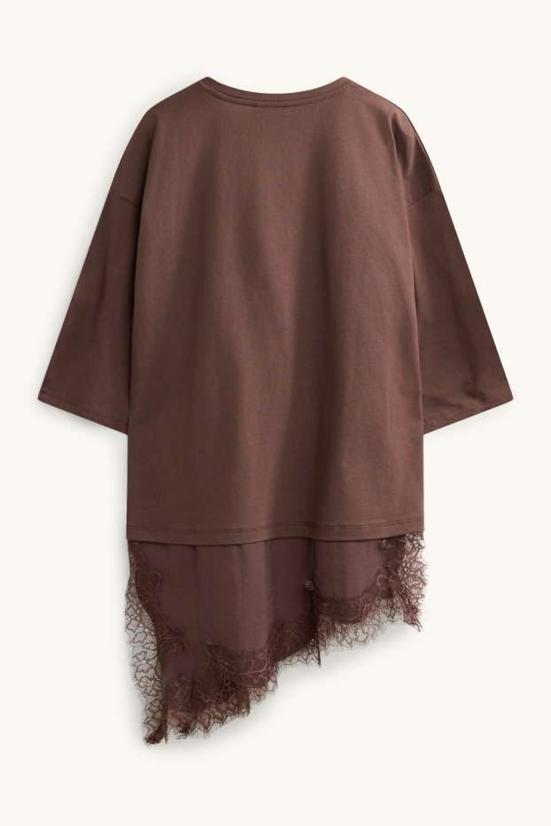 Donna - T-shirt - regular fit - effetto sovrapposto - marrone scuro