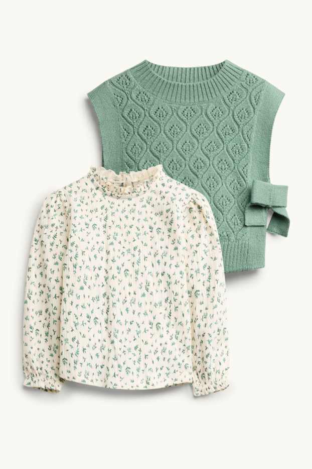 Enfants filles - Ensemble - chemisier et débardeur - 2 pièces - à fleurs - vert / blanc crème