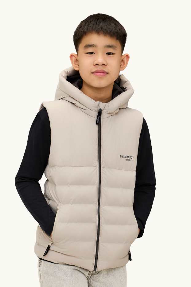 Kinderen: jongens - Bodywarmer met capuchon - waterafstotend - beige