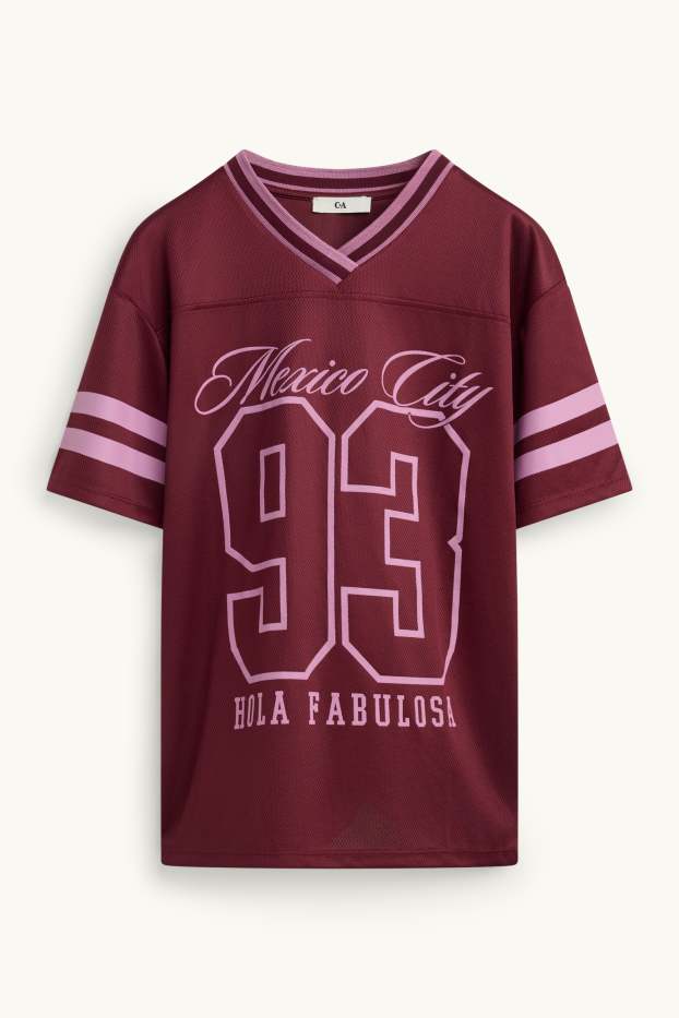 Kinder Mädchen - Kurzarmshirt mit V-Ausschnitt - Oversized - rosa / dunkelrot