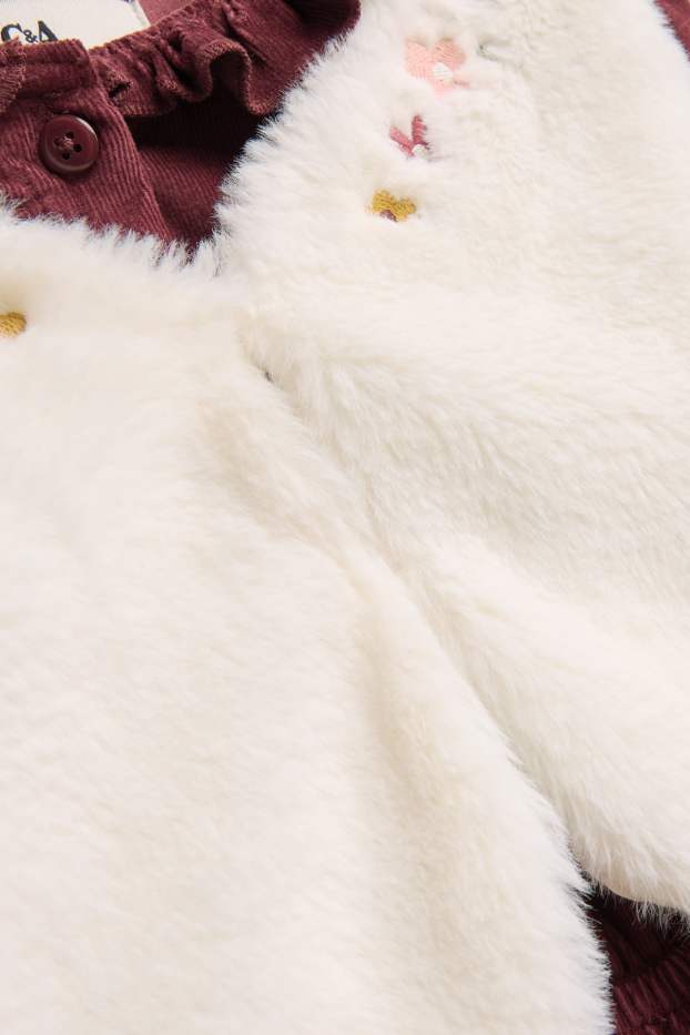 Children Girls - Floral - set - corduroy dress, faux fur waistcoat and tights - 3 piece - white / dark red
