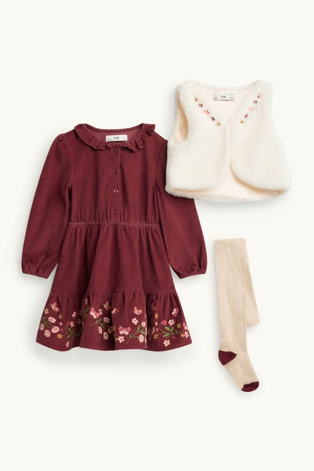 Children Girls - Floral - set - corduroy dress, faux fur waistcoat and tights - 3 piece - white / dark red