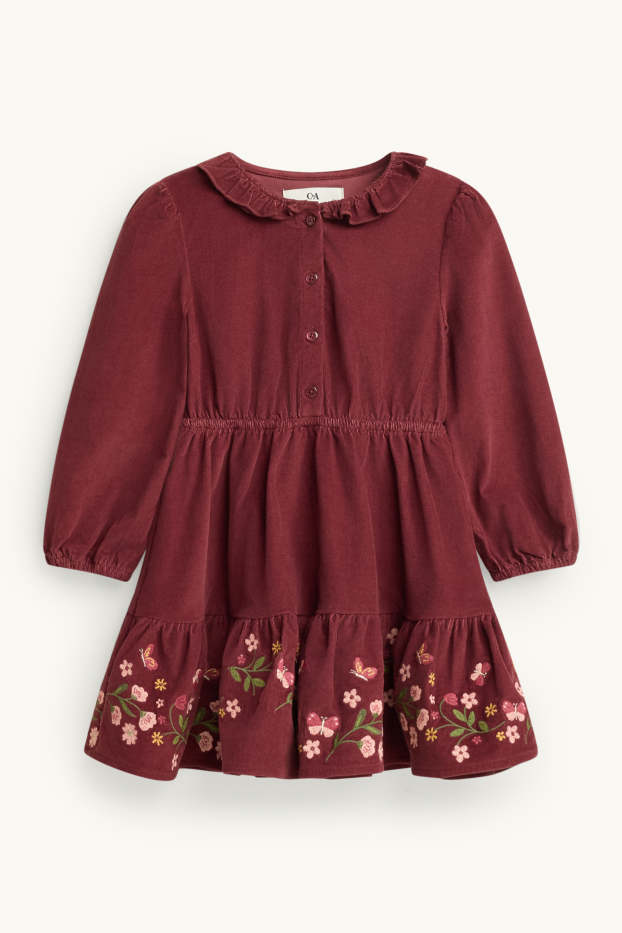 Children Girls - Floral - set - corduroy dress, faux fur waistcoat and tights - 3 piece - white / dark red