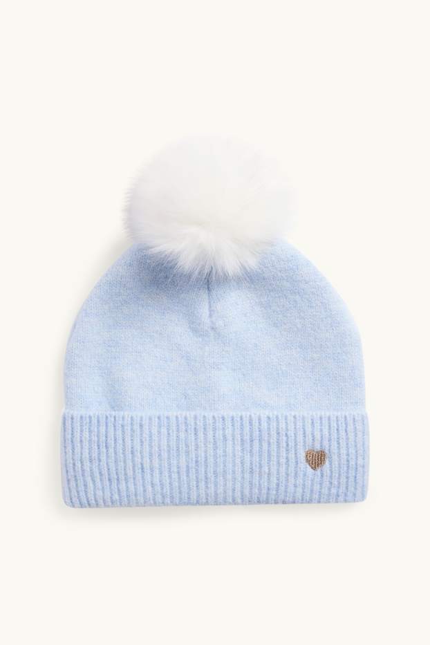 Enfants filles - Cœur - bonnet à pompons - bleu clair