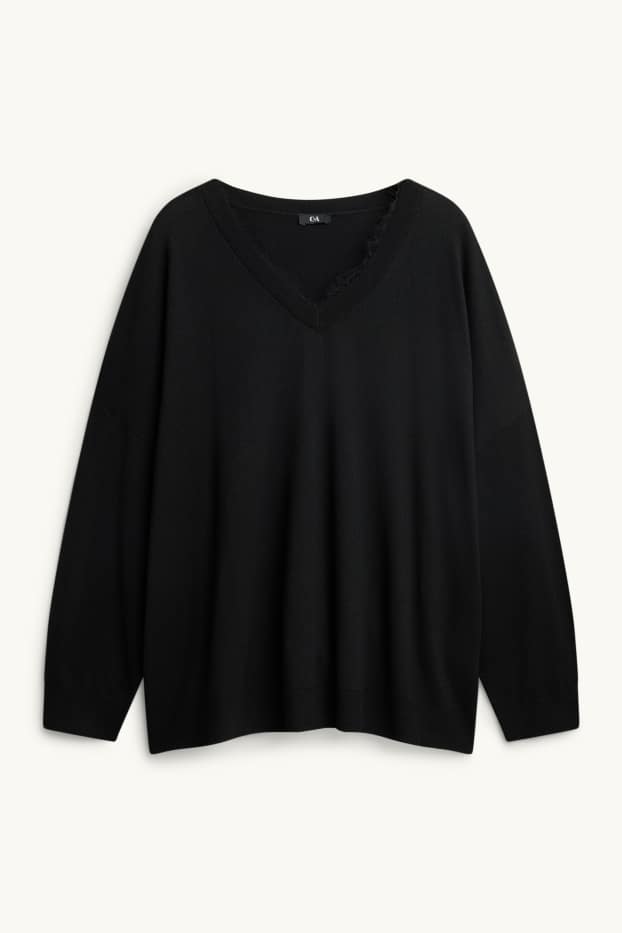 Damen - Feinstrick-Pullover mit V-Ausschnitt - schwarz
