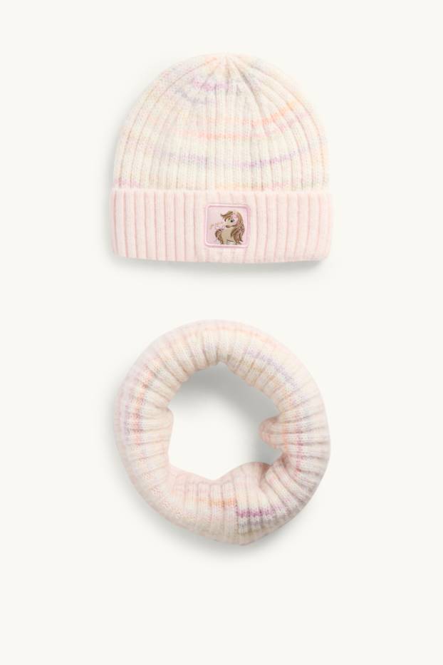 Nena - Cavall - conjunt - gorro i bufanda tubular - acanalat - de ratlles - 2 peces - rosa pastel