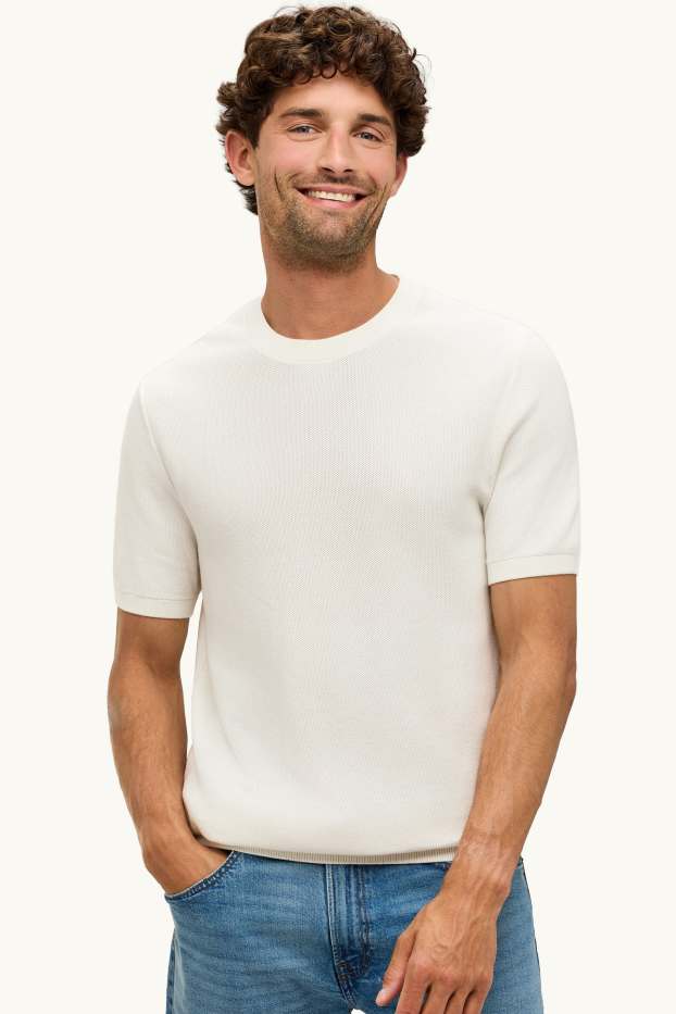 Herren - Strickpullover - kurzarm - strukturiert - cremeweiß