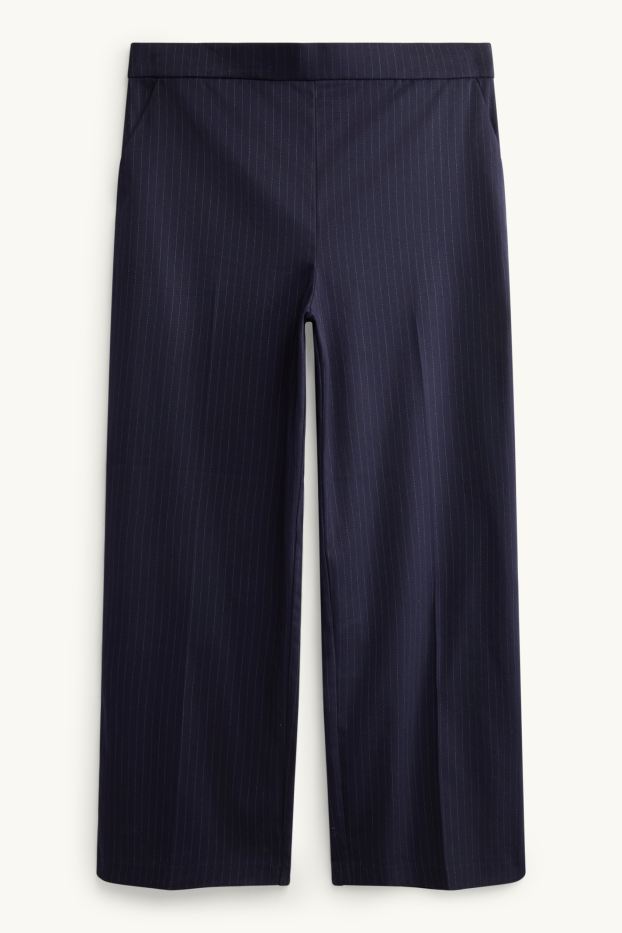 Dámské - Plátěné kalhoty - mid waist - wide leg - s úzkými proužky - tmavomodrá