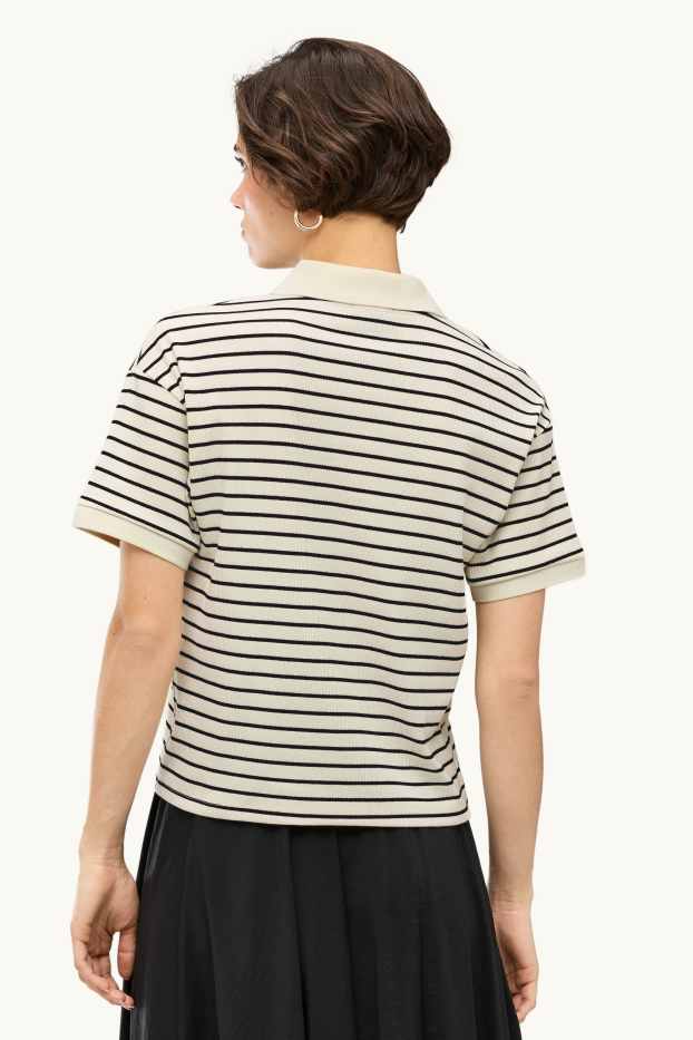 Damen - Strick-Poloshirt - Regular Fit - gestreift - weiß / schwarz