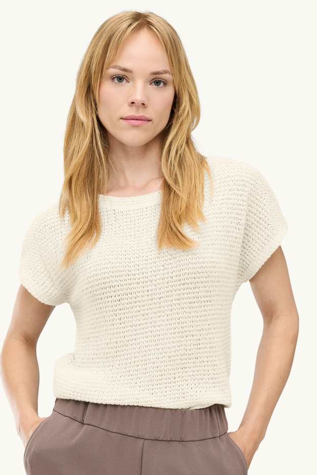 Damen - Strick-T-Shirt - Relaxed Fit - strukturiert - cremeweiß
