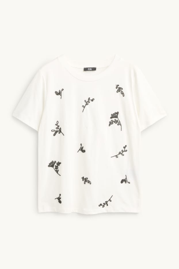 Dona - Samarreta de mànigues curtes amb perles - regular fit - blanc/negre