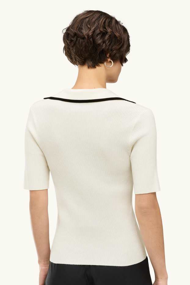 Damen - Strickpullover - kurzarm - gerippt - weiss