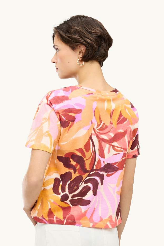 Femei - Tricou - regular fit - cu flori - roz / portocaliu