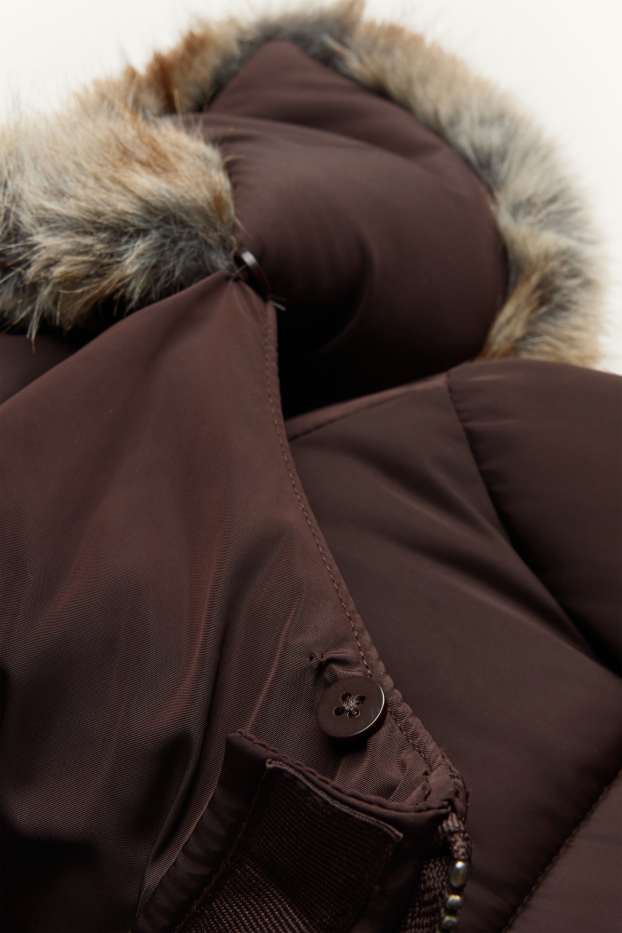 Femmes - Doudoune avec ceinture et capuche - finition déperlante - marron foncé