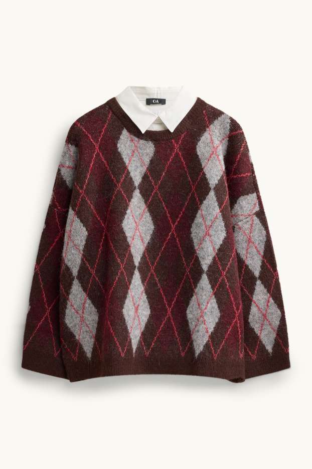 Damen - Set - Pullover und Blusenkragen - 2 teilig - kariert - braun