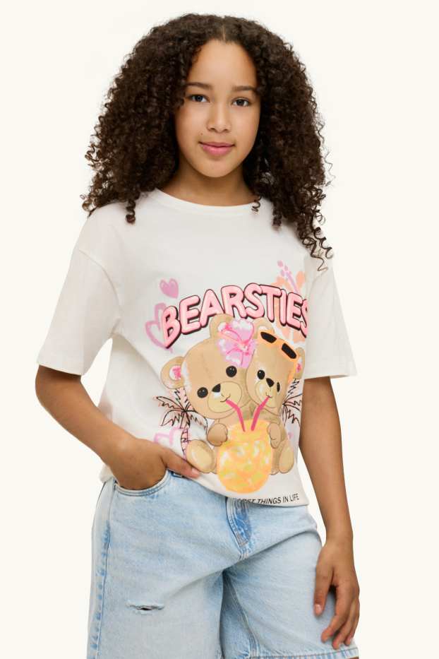 Children Girls - Teddy bear - short sleeve T-shirt - white
