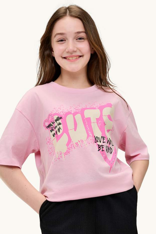 Kinder Mädchen - Graffiti - Kurzarmshirt mit Strasssteinen - rosa
