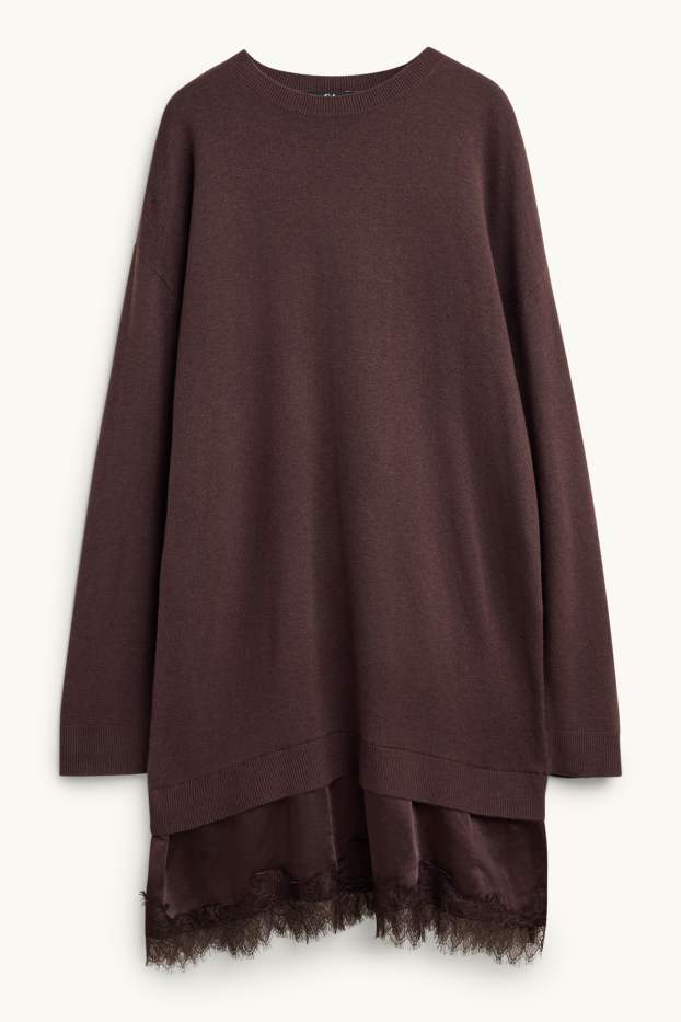 Women - Knitted dress - 2-in-1 look - dark brown