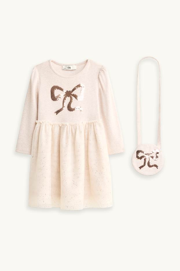 Bambine - Fiocco - set - vestito e borsa - effetto brillante - 2 pezzi - rosa / beige