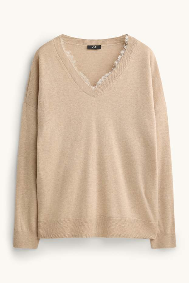 Femmes - Pull avec encolure en V - beige