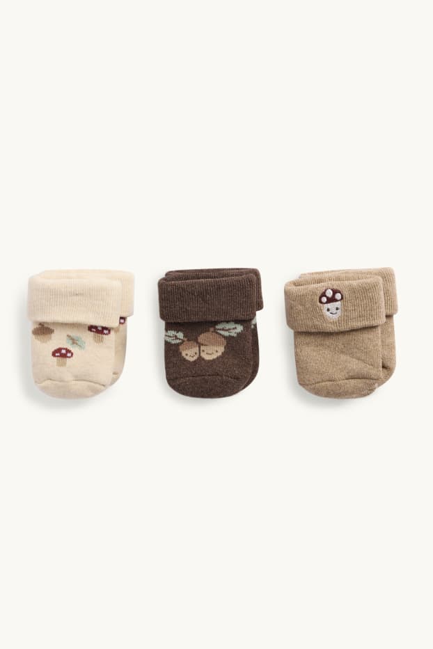 Bébés garçons - Lot de 3 paires - gland et champignon - chaussettes nouveau-né à motif - beige / marron