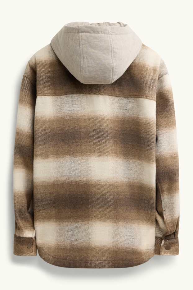 Men - Shirt jacket with hood - relaxed fit - kent collar - check - brown