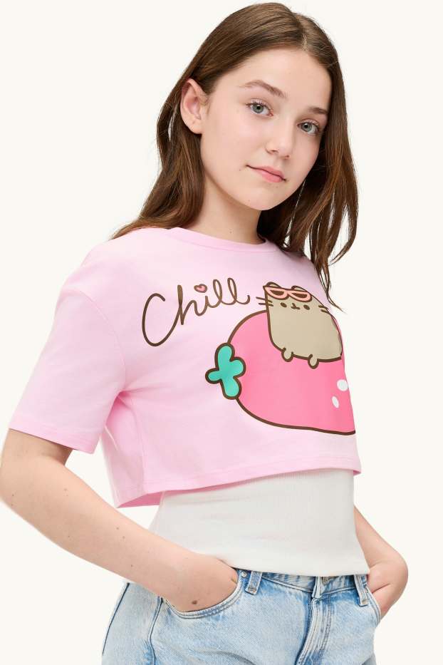 Children Girls - Pusheen - set - top and short sleeve T-shirt - 2 piece - rose