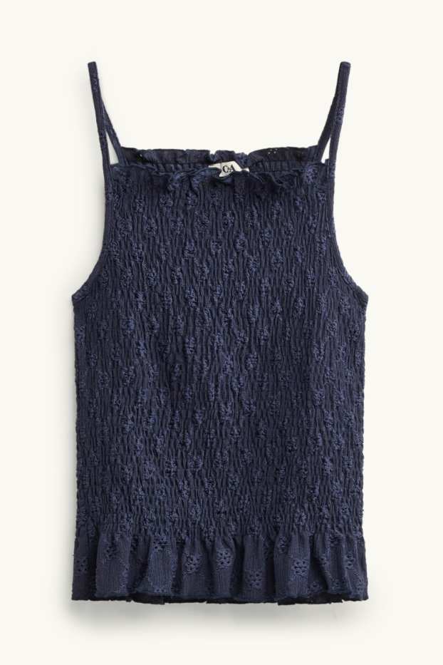 Femmes - Haut - smocké - broderie anglaise - bleu foncé