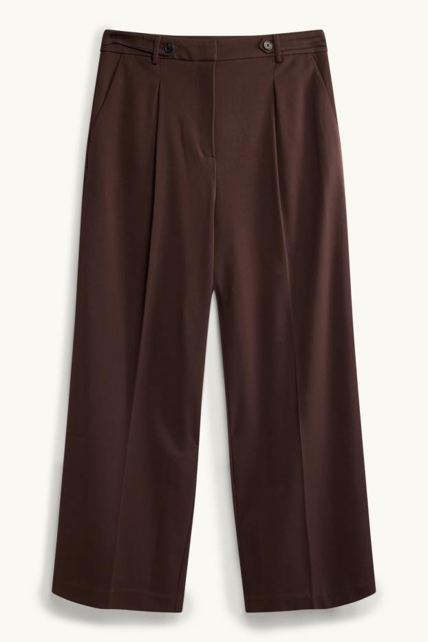 Dámské - Plátěné kalhoty - high waist - wide leg - tmavohnědá