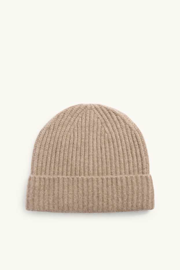 Heren - Beanie van kasjmier - geribd - lichtbruin