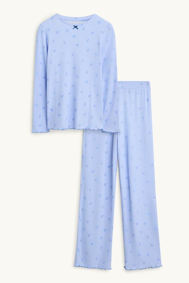 Copii - Fete - Floare - pijama - reiat - 2 piese - albastru deschis